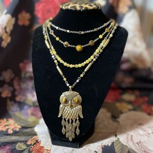 NWT Lucky Brand Layered Owl Necklace Cat Eye Stones